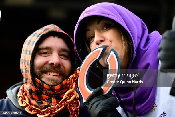 Minnesota Vikings and Chicago Bears fans pose during the game at Soldier Field on January 08, 2023 in Chicago, Illinois.