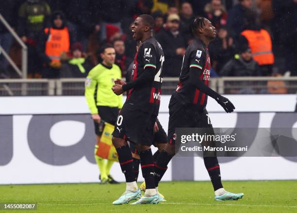 Pierre Kalulu of AC Milan celebrates after scoring the team's first goal during the Serie A match between AC Milan and AS Roma at Stadio Giuseppe...