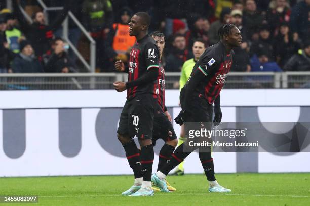 Pierre Kalulu of AC Milan celebrates after scoring the team's first goal during the Serie A match between AC Milan and AS Roma at Stadio Giuseppe...