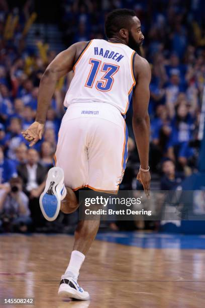 James Harden of the Oklahoma City Thunder reacts after making a three-pointer in the first half in Game Three of the Western Conference Finals of the...