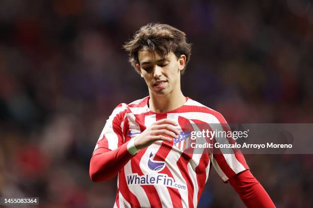 Joao Felix of Atletico Madrid reacts during the LaLiga Santander match between Atletico de Madrid and FC Barcelona at Civitas Metropolitano Stadium...