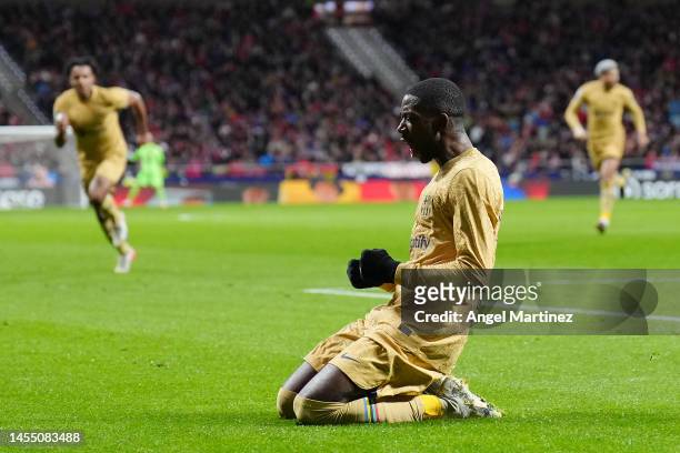 Ousmane Dembele of FC Barcelona celebrates after scoring the team's first goal during the LaLiga Santander match between Atletico de Madrid and FC...