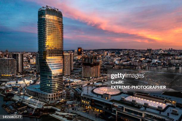 belgrade waterfront from a drone perspective - waterfront stock pictures, royalty-free photos & images