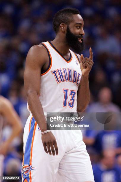 James Harden of the Oklahoma City Thunder reacts in the third quarter while taking on the San Antonio Spurs in Game Three of the Western Conference...