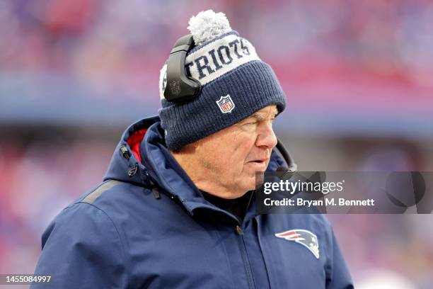 Head coach Bill Belichick of the New England Patriots watches his team play during the third quarter against the Buffalo Bills at Highmark Stadium on...