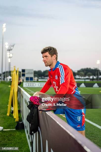 Thomas Mueller of FC Bayern Muenchen stretches during the second day of the Doha Training Camp on January 08, 2023 in Doha, Qatar.