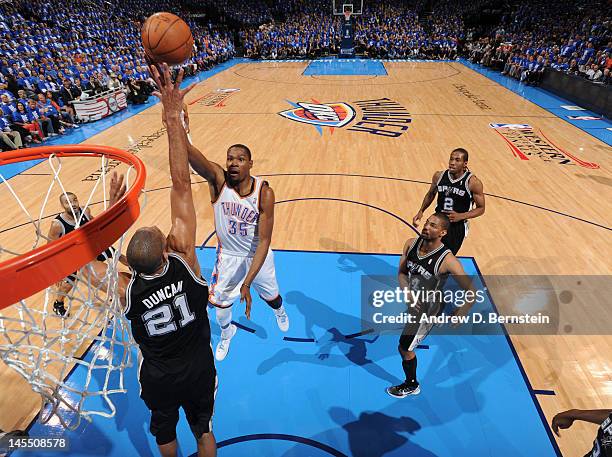 Oklahoma City, OKKevin Durant of the Oklahoma City Thunder takes a jump shot against Tim Duncan of the San Antonio Spurs in Game Three of the Western...