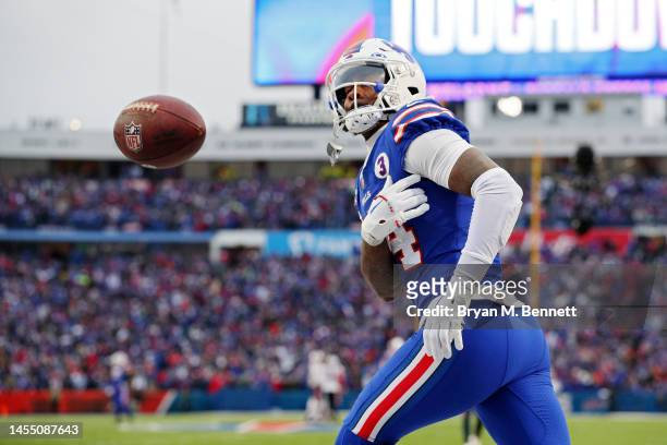 Stefon Diggs of the Buffalo Bills celebrates after catching a touchdown during the fourth quarter against the New England Patriots at Highmark...