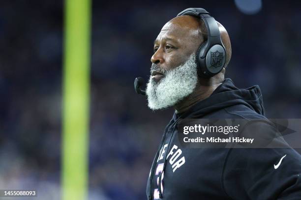 Head Coach Lovie Smith of the Houston Texans looks on during the second half of the game against the Indianapolis Colts at Lucas Oil Stadium on...