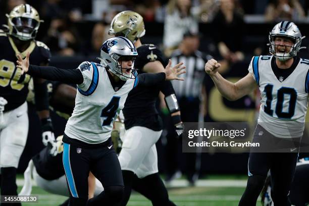 Eddy Pineiro of the Carolina Panthers celebrates after kicking a game winning field goal during the fourth quarter against the New Orleans Saints at...