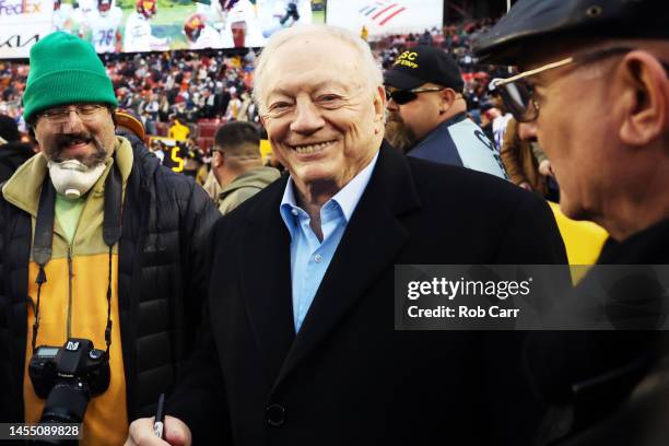 Dallas Cowboys owner Jerry Jones poses for a photo prior to the game against the Washington Commanders at FedExField on January 08, 2023 in Landover,...