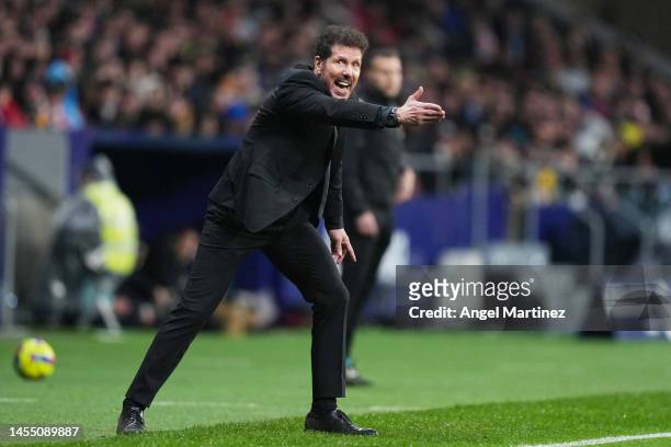 Diego Simeone, Head Coach of Atletico Madrid, reacts during the LaLiga Santander match between Atletico de Madrid and FC Barcelona at Civitas...