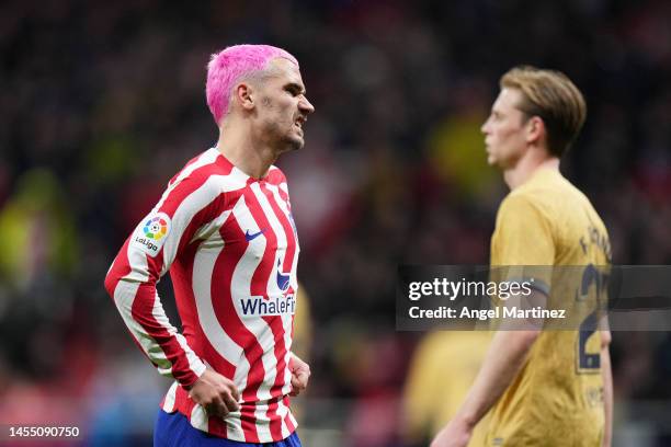 Antoine Griezmann of Atletico Madrid reacts during the LaLiga Santander match between Atletico de Madrid and FC Barcelona at Civitas Metropolitano...