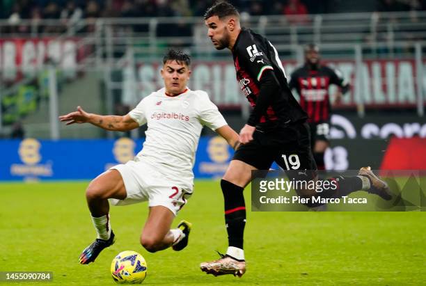 Théo Hernández of AC Milan runs for the ball during the Serie A match between AC MIlan and AS Roma at Stadio Giuseppe Meazza on January 08, 2023 in...