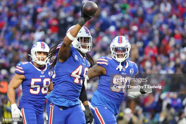 Tremaine Edmunds of the Buffalo Bills celebrates after an interception during the fourth quarter against the New England Patriots at Highmark Stadium...