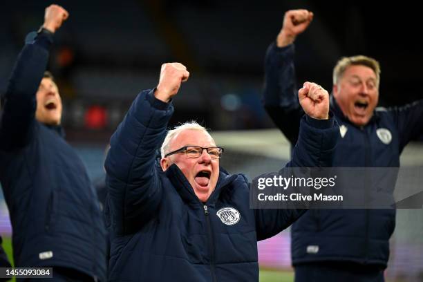 Steve Evans, Manager of Stevenage, celebrates victory following the Emirates FA Cup Third Round match between Aston Villa and Stevenage at Villa Park...