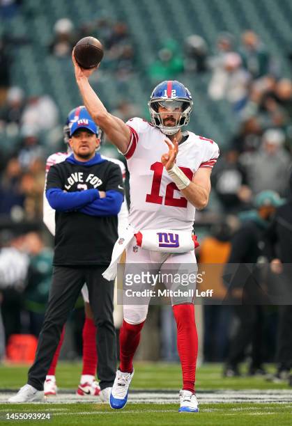 Davis Webb of the New York Giants warms up prior to a game against the Philadelphia Eagles at Lincoln Financial Field on January 08, 2023 in...