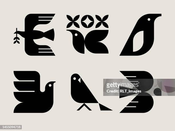 illustrazioni stock, clip art, cartoni animati e icone di tendenza di icone degli uccelli moderni della metà del secolo - ramo di ulivo