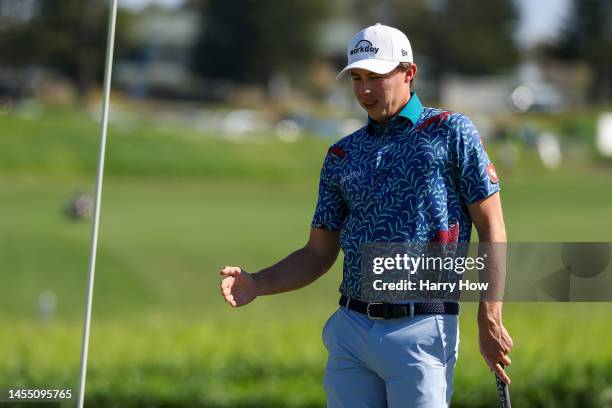 Matt Fitzpatrick of England reacts to a missed putt for birdie on the second hole during the final round of the Sentry Tournament of Champions at...