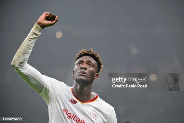 Tammy Abraham of AS Roma celebrates after he scored the second goal for his team during the Serie A match between AC Milan and AS Roma at Stadio...