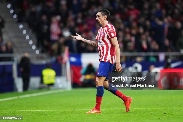 Stefan Savic of Atletico Madrid reacts to being sent off during the LaLiga Santander match between Atletico de Madrid and FC Barcelona at Civitas...