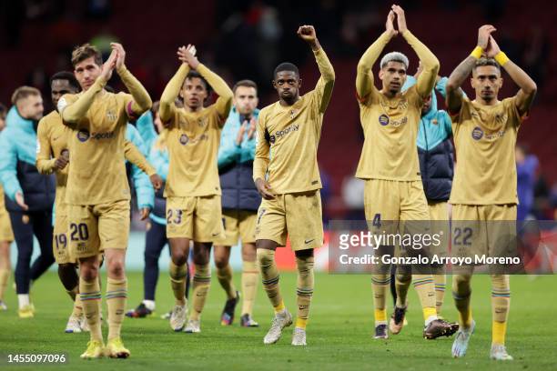 Ousmane Dembele of FC Barcelona and team mates applauds the fans after the LaLiga Santander match between Atletico de Madrid and FC Barcelona at...