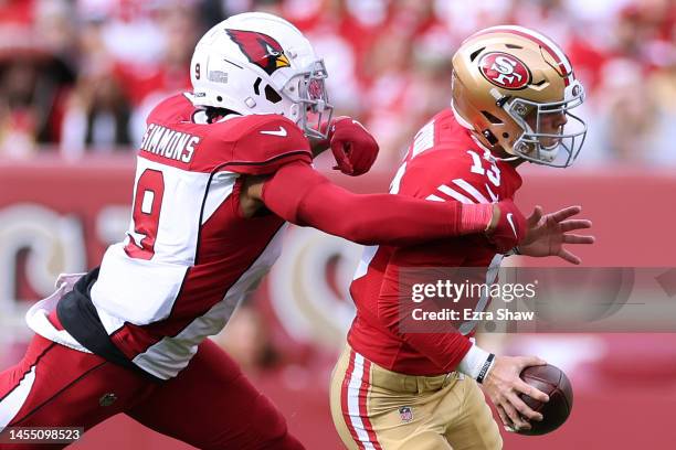 Isaiah Simmons of the Arizona Cardinals sacks Brock Purdy of the San Francisco 49ers during the first half at Levi's Stadium on January 08, 2023 in...