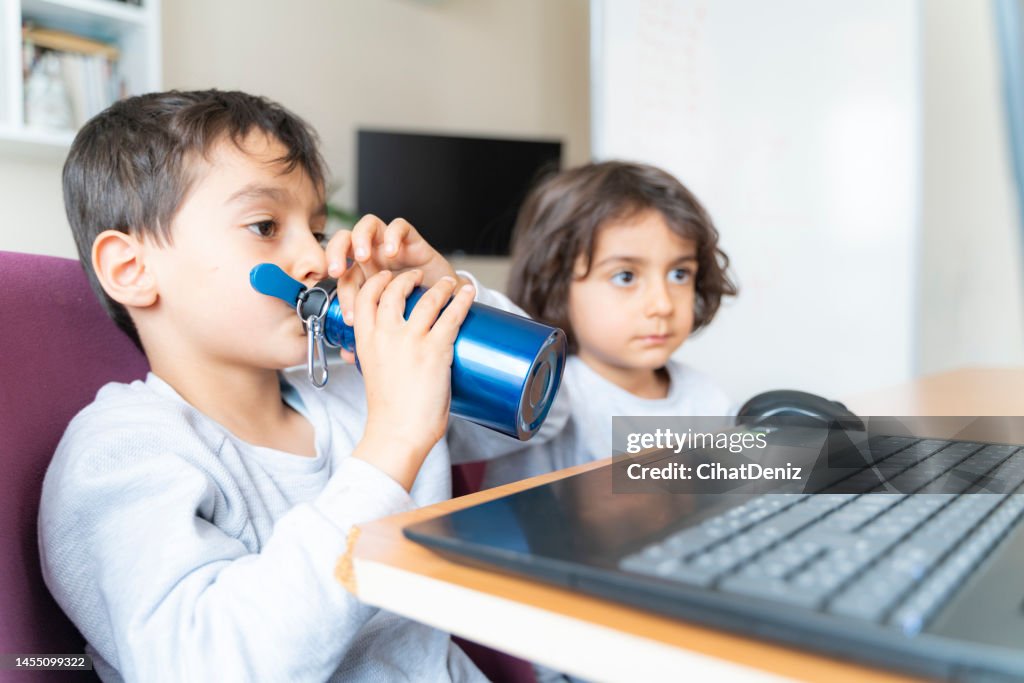 Dos hermanos menores que pasan tiempo juntos en el estudio de la casa