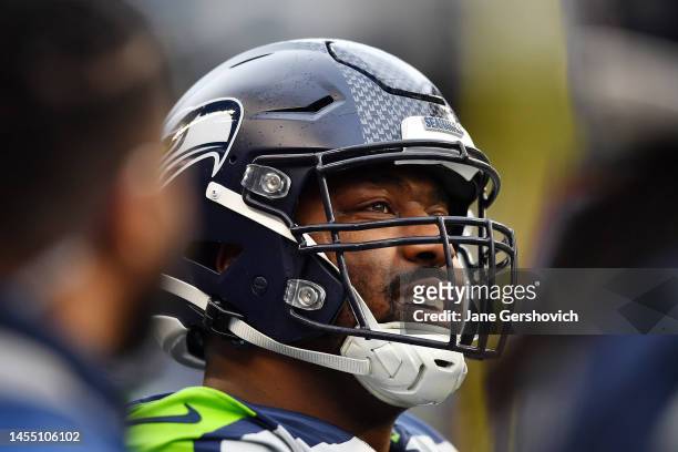 Shelby Harris of the Seattle Seahawks looks on during the second quarter against the Los Angeles Rams at Lumen Field on January 08, 2023 in Seattle,...