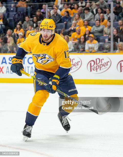 Yakov Trenin of the Nashville Predators skates against the Montreal Canadiens during an NHL game at Bridgestone Arena on January 3, 2023 in...