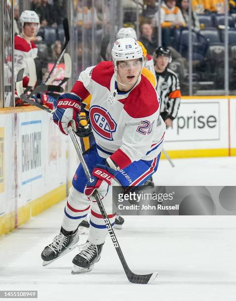 Juraj Slafkovsky of the Montreal Canadiens skates against the Nashville Predators during an NHL game at Bridgestone Arena on January 3, 2023 in...