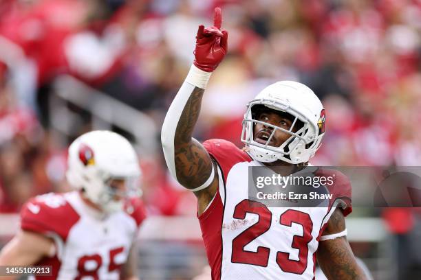 Corey Clement of the Arizona Cardinals celebrates after running for a touchdown during the second quarter against the San Francisco 49ers at Levi's...