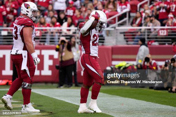 Corey Clement of the Arizona Cardinals celebrates after scoring a touchdown during the second quarter against the San Francisco 49ers at Levi's...