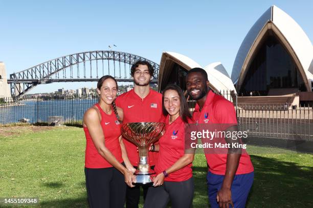 Madison Keys, Taylor Fritz, Jessica Pegula and Frances Tiafoe of Team United States pose with the united Cup trophy after winning the 2023 United Cup...