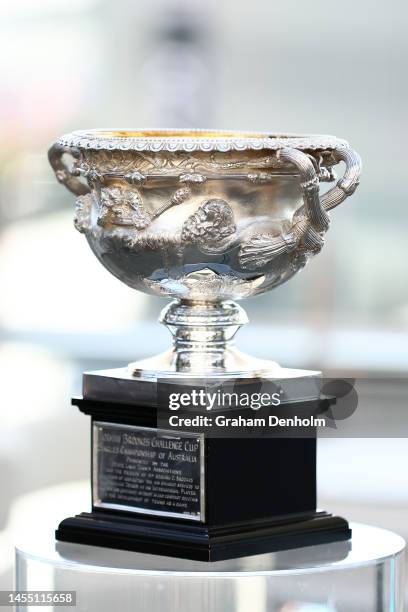 The Norman Brookes Challenge Cup is seen during a media conference ahead of the 2023 Australian Open at Melbourne Park on January 09, 2023 in...