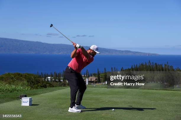 Jon Rahm of Spain plays his shot from the 17th tee during the final round of the Sentry Tournament of Champions at Plantation Course at Kapalua Golf...