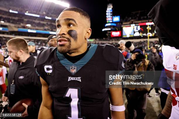 Jalen Hurts of the Philadelphia Eagles walks off the field after his team's 22-16 win against the New York Giants at Lincoln Financial Field on...