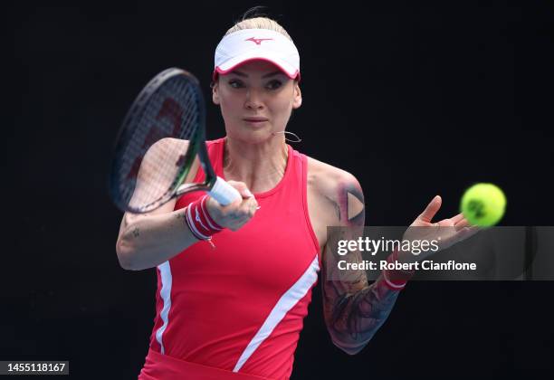 Tereza Martincova of the Czech Republic competes in her first round match against Laura Siegemund of Germanycompetes in her first round match against...