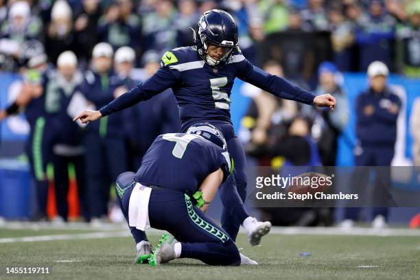 Jason Myers of the Seattle Seahawks kicks the winning field goal against the Los Angeles Rams during overtime to win the game at Lumen Field on...