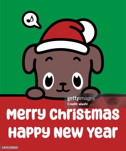 a cute dog wearing a santa hat holds a sign and wishes you a merry christmas and a happy new year - seeing eye dog stock illustrations