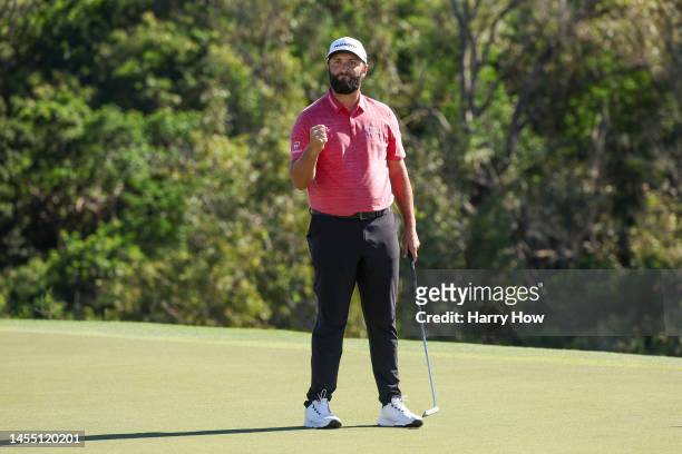 Jon Rahm of Spain celebrates after making his putt on the 18th green during the final round of the Sentry Tournament of Champions at Plantation...