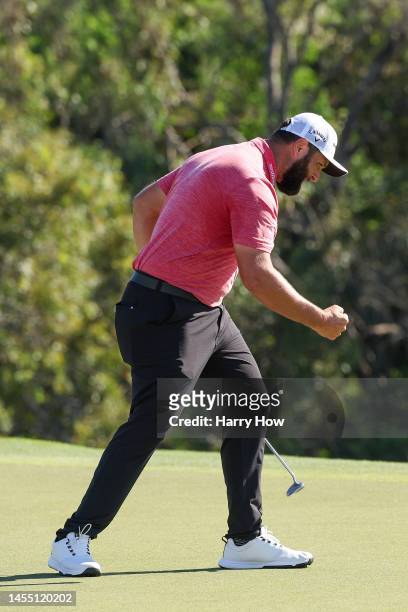 Jon Rahm of Spain celebrates after making his putt on the 18th green during the final round of the Sentry Tournament of Champions at Plantation...