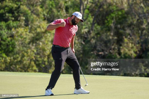 Jon Rahm of Spain celebrates after making his putt on the 18th green during the final round of the Sentry Tournament of Champions at Plantation...