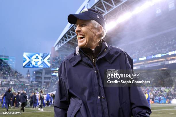 Head coach Pete Carroll of the Seattle Seahawks celebrates after defeating the Los Angeles Rams in overtime at Lumen Field on January 08, 2023 in...