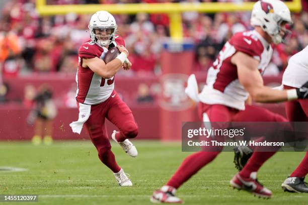 Trace McSorley of the Arizona Cardinals runs with the ball during the second half of the game against the San Francisco 49ers at Levi's Stadium on...