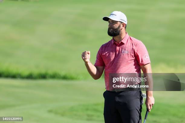 Jon Rahm of Spain celebrates after making his putt for birdie on the 18th green during the final round of the Sentry Tournament of Champions at...