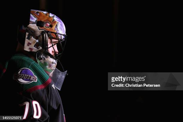 Goaltender Karel Vejmelka of the Arizona Coyotes is introduced before the NHL game against the Pittsburgh Penguins at Mullett Arena on January 08,...