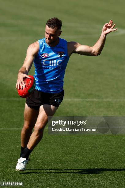 Brad Crouch of the Saints kicks the ball during a St Kilda Saints AFL training session at Moorrabin Oval on January 09, 2023 in Melbourne, Australia.