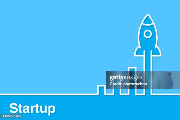 startup concepts with line rocket on blue background - 發行會 幅插畫檔、美工圖案、卡通及圖標