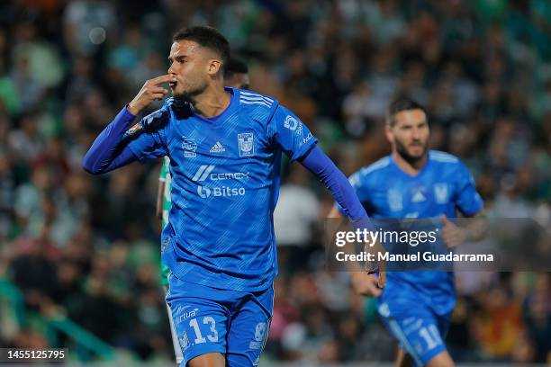 Diego Antonio Reyes of Tigres celebrates after scoring the first goal of his team during the 1st round match between Santos Laguna and Tigres UANL as...